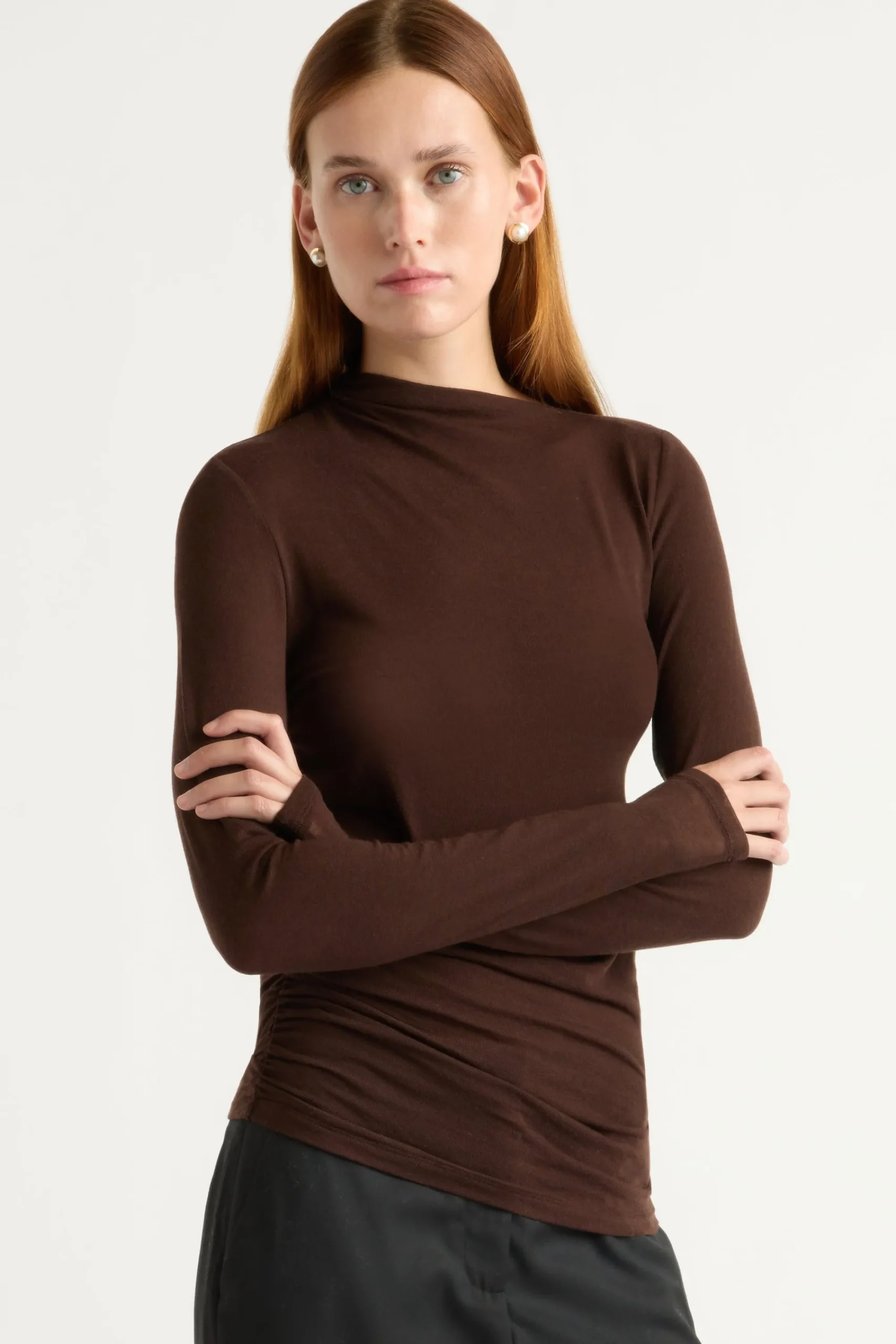 Hua Shang Group (H.K.) Ltd Vittoria Asymmetric-Neck Semi-Sheer Ruched Tee< Tees|Tops